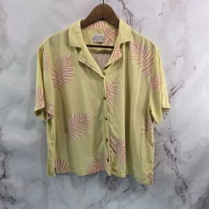 Brixton Shirt Womens Large Yellow Pink Button Short Camp Boxy Jungle Palm Leaf